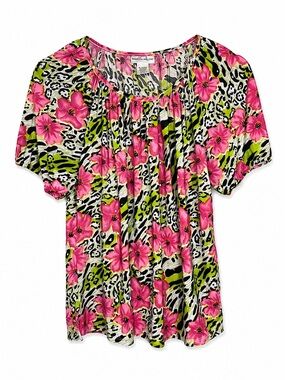 Rebecca Malone Pink Green Floral Animal Print Sequin Top Size M